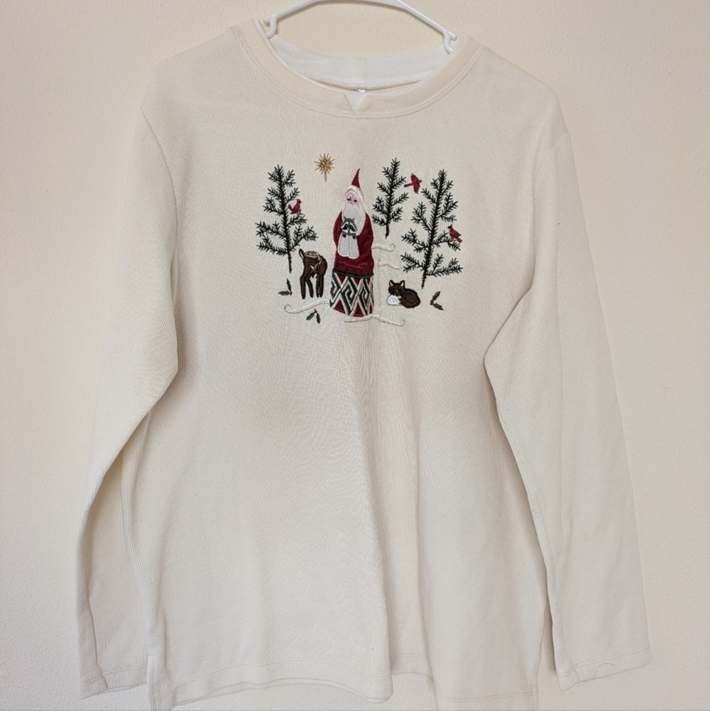 White Stag Cream Christmas Sweater Long Sleeve Santa Trees Women's size XL